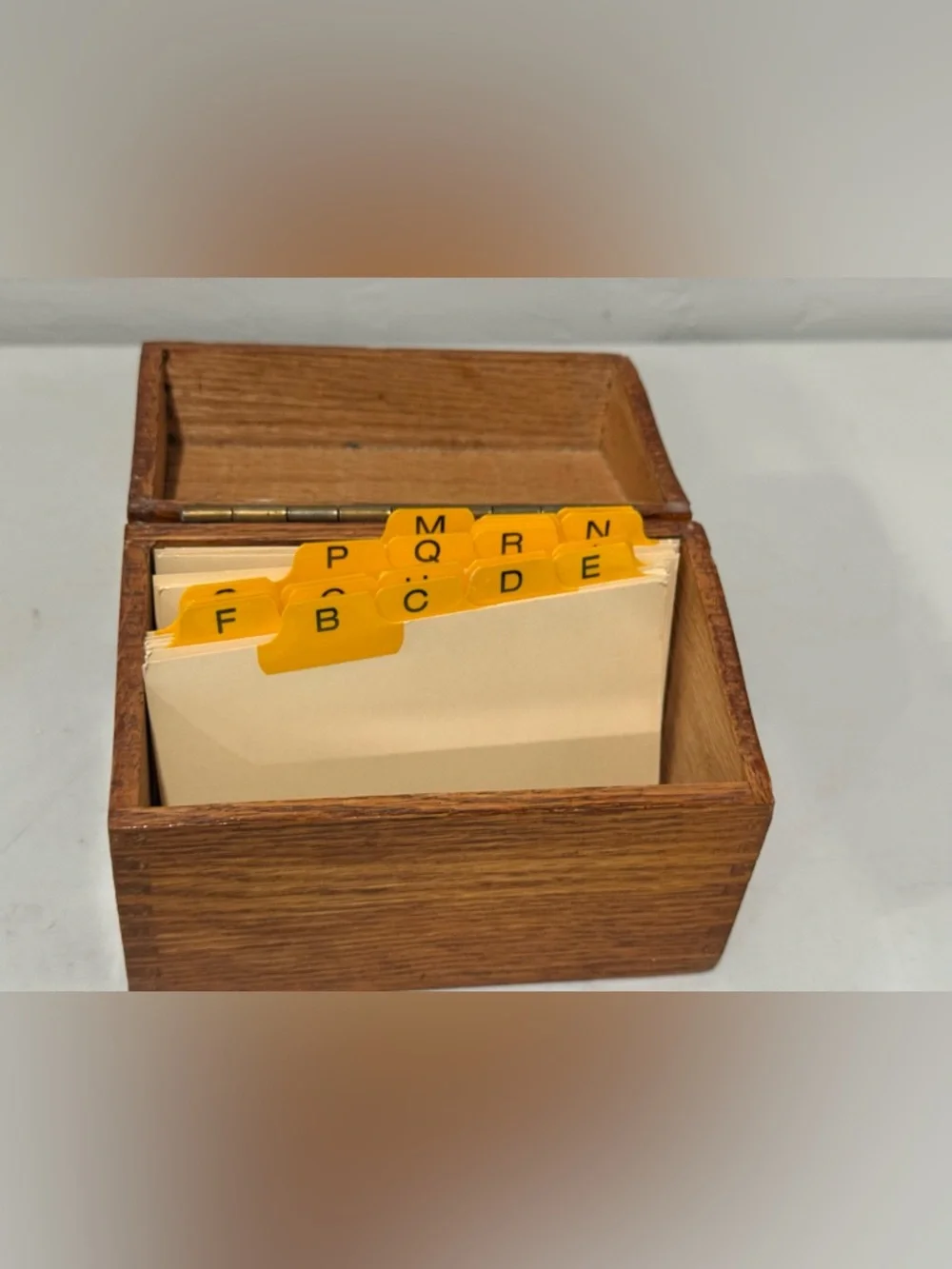 Vintage Lacquered Oak Dovetailed Index Card File Box Recipe Wood Brass Hinges